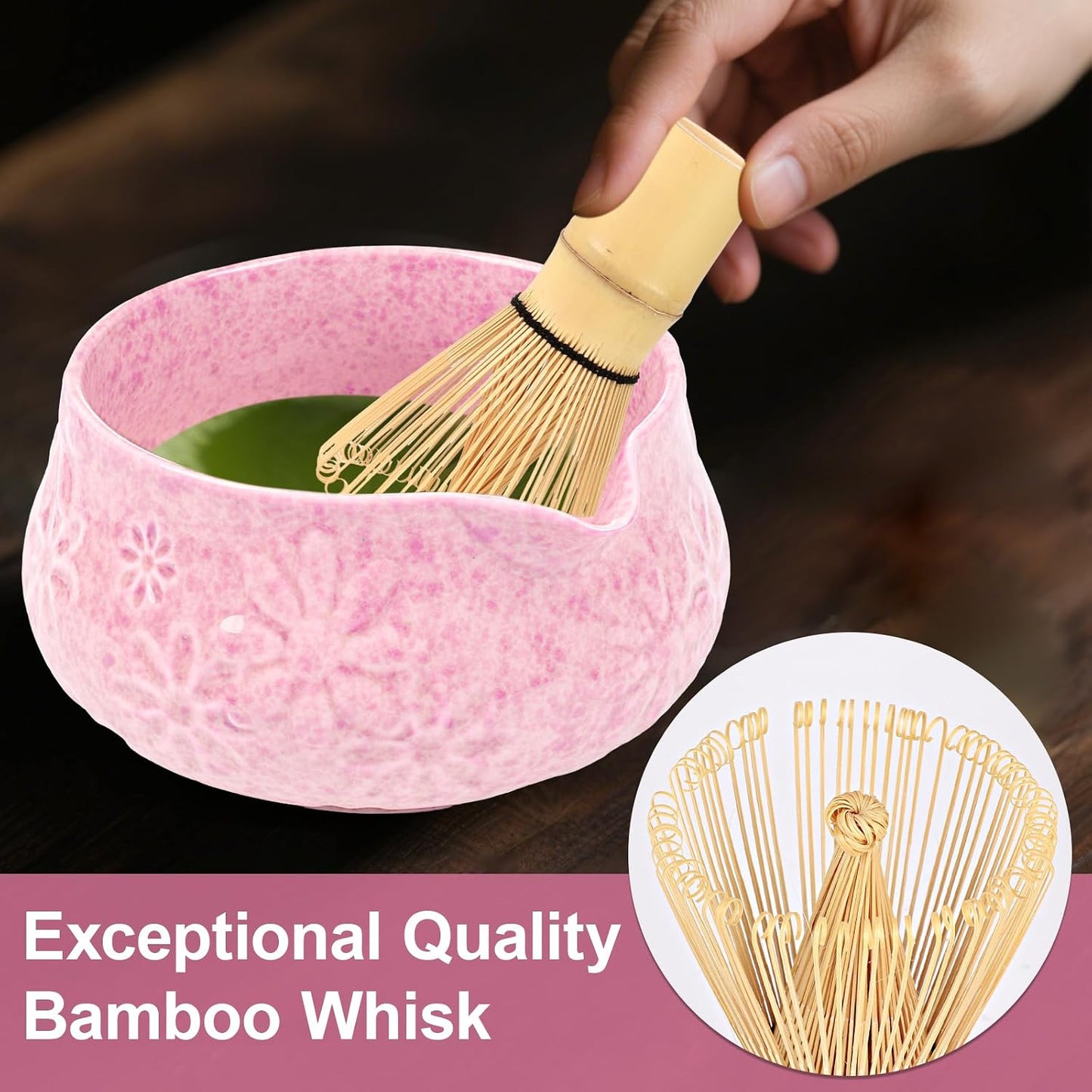 Pink Ceramic Matcha Set with Bowl, Whisk & Sifter Tool - Complete Starter Kit for Tea Lovers, Gifts for Women (Pink)