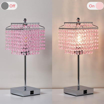 Luvkczc Crystal Touch Table Lamp, Bedside Lamp with USB C+A Ports, Pink Lamp, Dimmable Lamp with Crystal Shade, Nightstand Lamp for Girl Bedroom, Living Room, Bulb Included