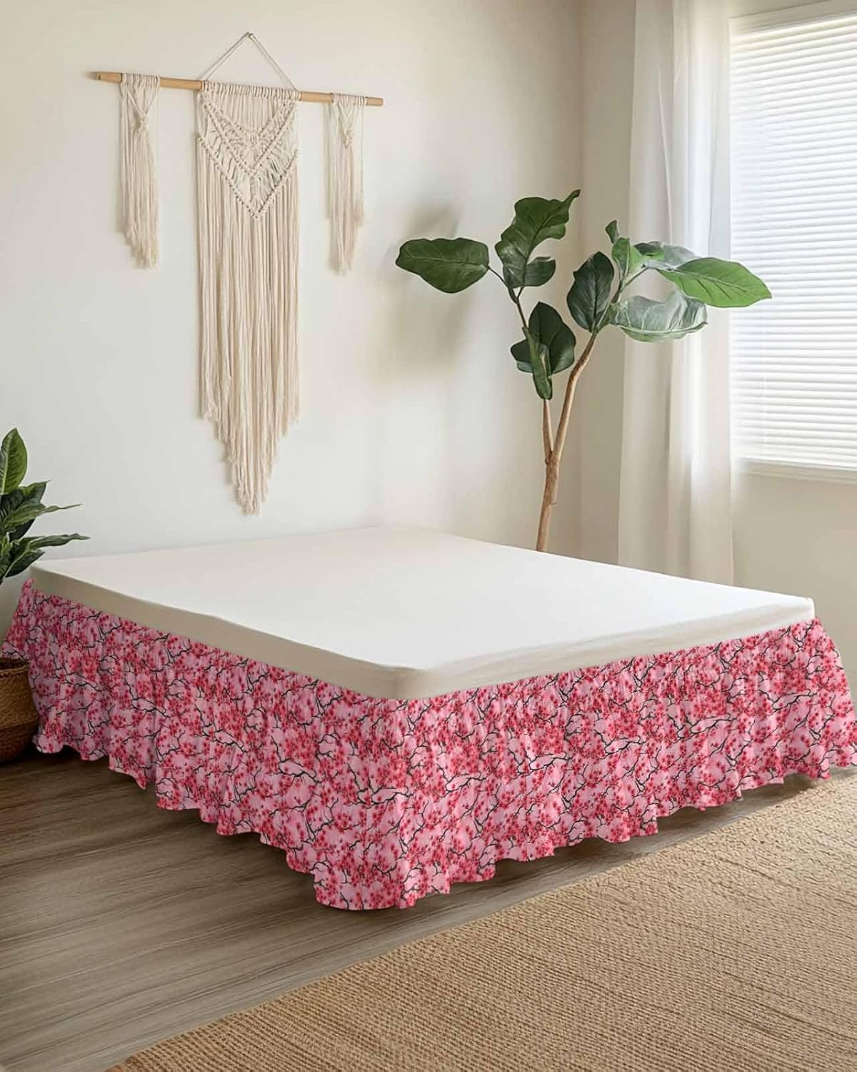 Chinese Flowers Bed Skirt Queen Size 16 Inch Drop, Wrap Around Bed Skirts, Spring Pink Peach Blossoms Floral Elastic Bedskirt Pleated Bed Frame Cover Luxurious Dust Ruffle for Queen Bed