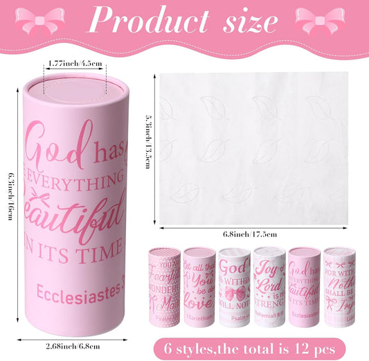 Outus 12 Pcs Christian Car Tissues Cylinder Holder with 3 Ply Facial Tissue Bulk Pink Bow Religious Round Tissue Holder Inspirational Scripture Travel Tissues Boxes Container for Car Cup Home Office