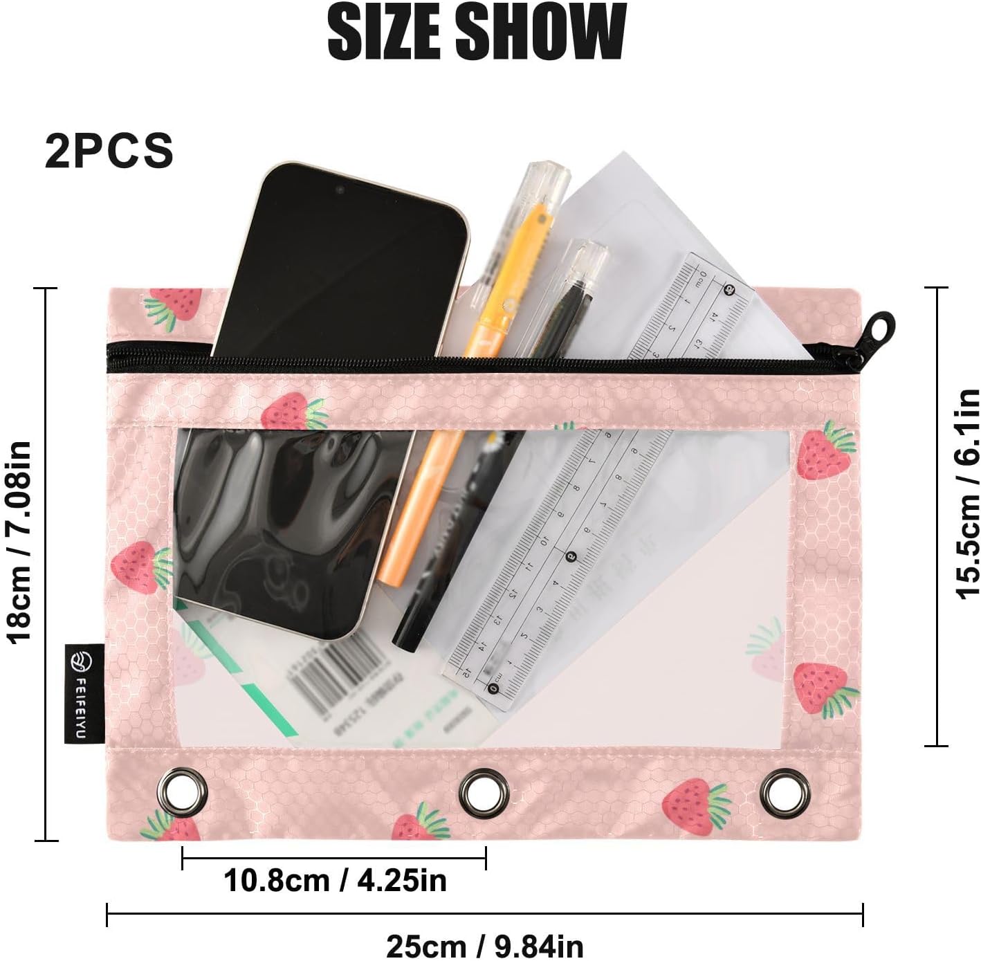 Fustylead Pink Strawberry Pencil Pouch Fits Standard 3-Ring Binders, Zipper Binder Pencil Bag with Clear Window for Office School Class Students 2 Pack