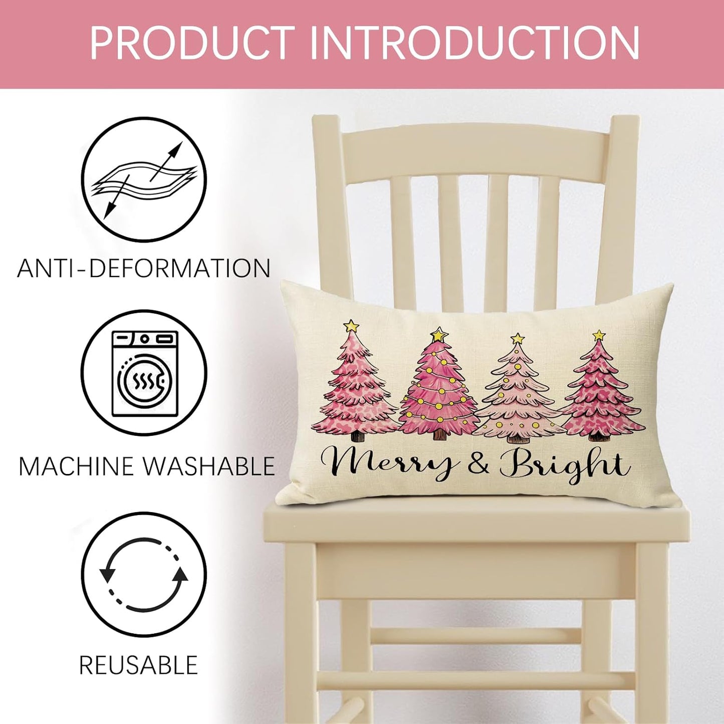 Pink Christmas Tree Decorative Throw Pillow Cover 12 x 20, Rectangular Xmas Pine Trees Outdoor Home Decor, Merry and Bright Winter Holiday Sofa Couch Cushion Case