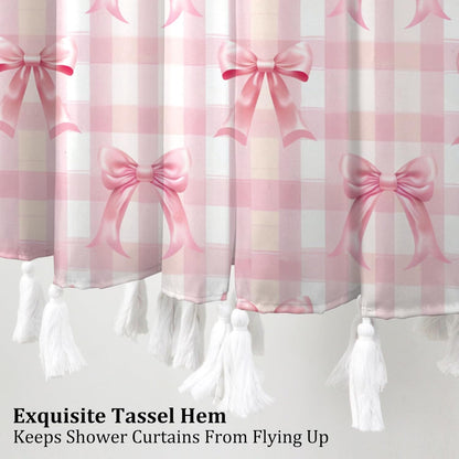 AOFOTO Pink Bow Shower Curtain with Tassels, Pink Buffalo Plaid Bath Curtain Accessories Set with Hooks Cute Aesthetic Art Girly Bathroom Tassel Shower Curtains for Women Girl Home Decor 72x72 Inch