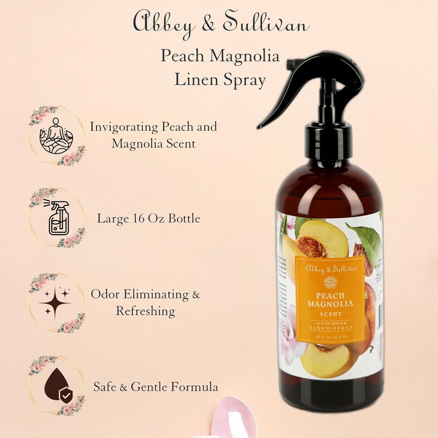 Abbey & Sullivan Odor Eliminating and Refreshing Linen and Room Spray, Peach Magnolia, 16 oz