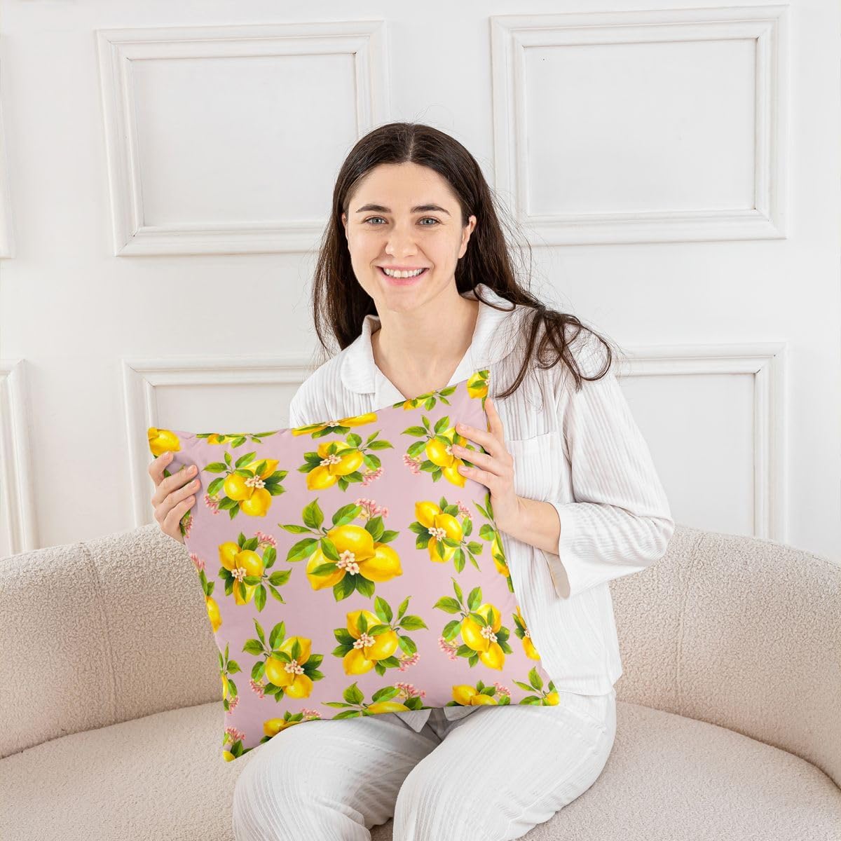 Manfei Lemon Throw Pillow Covers 16"x16" Set of 4 Botanical Lemon Cushion Cover for Couch Sofa Tropical Fruit Decorative Pillowcases Baby Pink Yellow Soft Pillows Covers