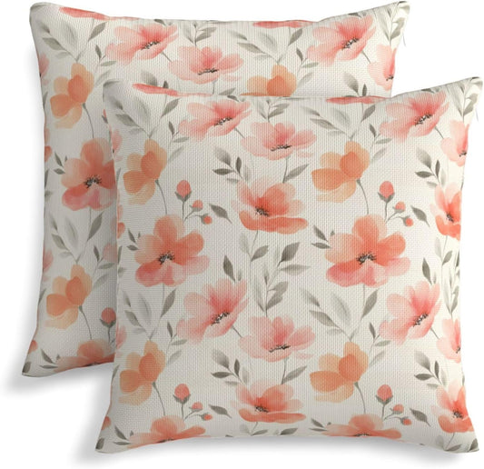 KiuLoam Spring Peach Floral Pillow Covers 18x18 Inch Set of 2, Coral Pink Watercolor Flower Rustic Decorative Throw Pillows, Farmhouse Outdoor Square Cushion Cases for Sofa Couch Bed Home Decor