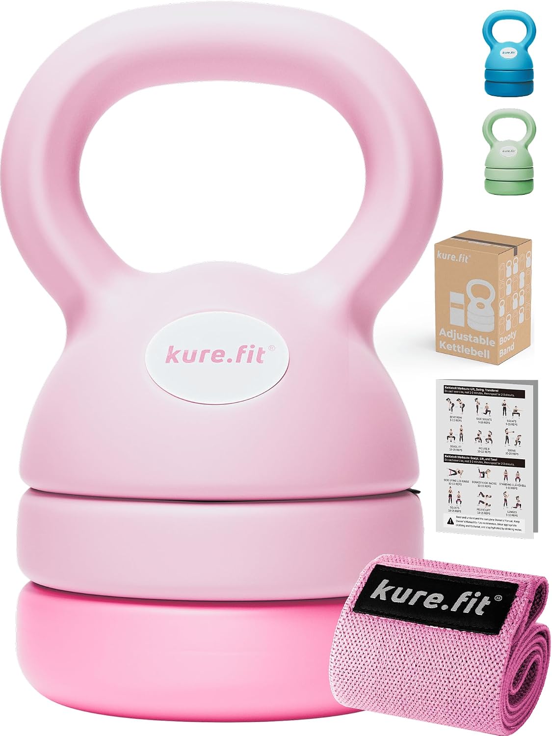 Pink Adjustable Kettlebell 5lb to 12lb Adjustable Dumbbell Set 2lb to 5lb and Pilates Kit Bundle