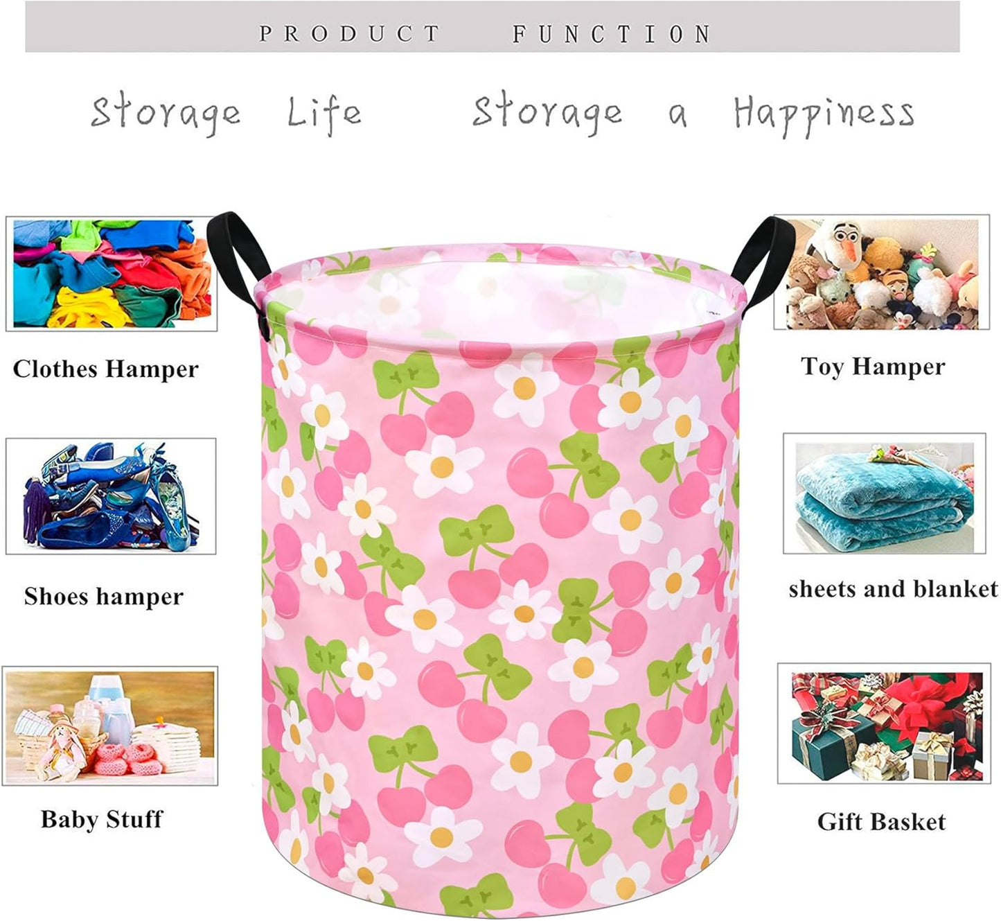 Kids Laundry Hamper Clothes Gift Basket Storage Laundry Baskets Organizer Bin with Handles for Nursery Room (Pink Cherry)