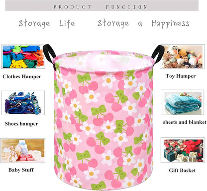 Kids Laundry Hamper Clothes Gift Basket Storage Laundry Baskets Organizer Bin with Handles for Nursery Room (Pink Cherry)