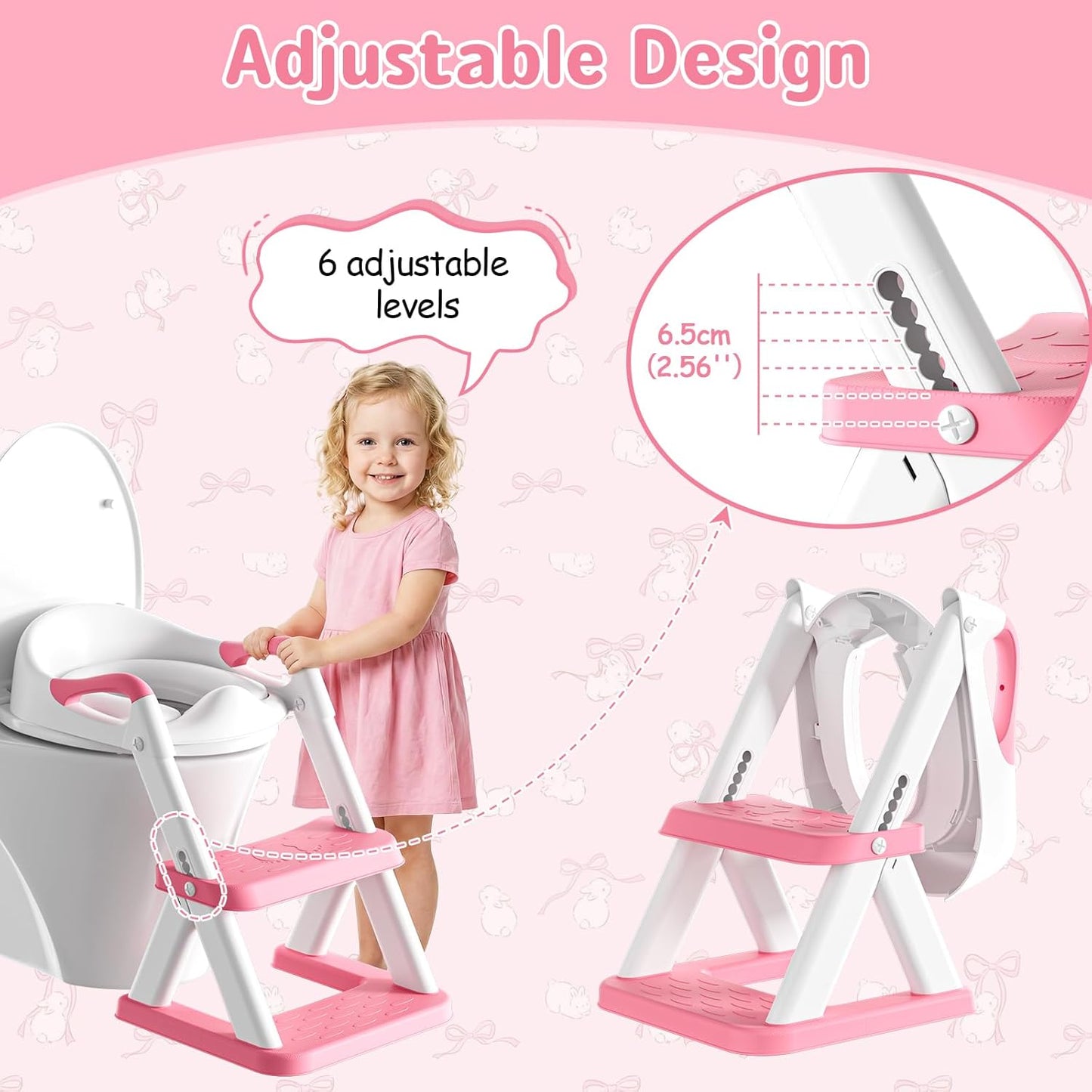 Potty Training Toilet Seat with Steps, 2-in-1 Toddler Toilet Seat for Boys Girls with Splash Guard Soft Anti-Slip Pad,Bright Pink