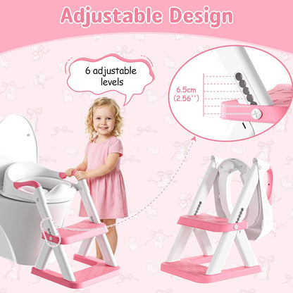 Potty Training Toilet Seat with Steps, 2-in-1 Toddler Toilet Seat for Boys Girls with Splash Guard Soft Anti-Slip Pad,Bright Pink