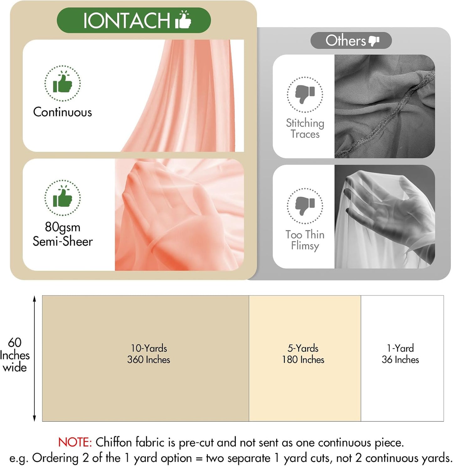 60" Chiffon Fabric by The Yard Pre-Cut Sheer Fabric for Wedding Arch Draping Fabric Swag Curtain Scarf Party Backdrop Decoration Ceiling Decor (Peach, 1 Yard)