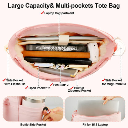 Veirdro Work Laptop Tote Bag for Women with Insulated Lunch Compartment, Lightweight Puffy Lunch Tote Bag with 15.6 Inch Laptop Compartment, Quilted Laptop Bags for Office Commuter Teacher Nurse Pink