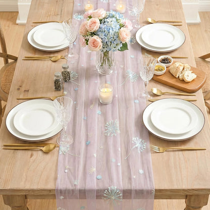 Artoid Mode Sequin Dandelion Floral Pink Gauze Embroidery Table Runner 120 Inch 10FT, Tulle Spring Kitchen Dining Holiday Table Decor for Home Party