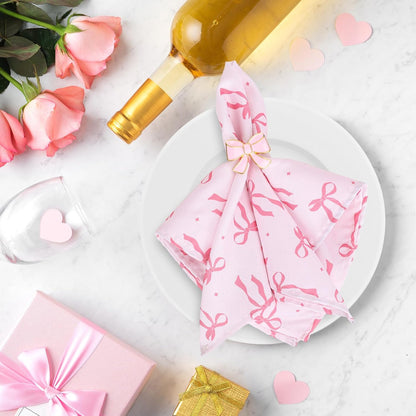 FYSUIMU 16 Pcs Pink Bow Napkins and Napkin Ring Set Coquette Bow Cloth Napkins and Bowknot Metal Ring Holders for Birthday Baby Shower Bachelorette Valentine's Day Party Table Decoration