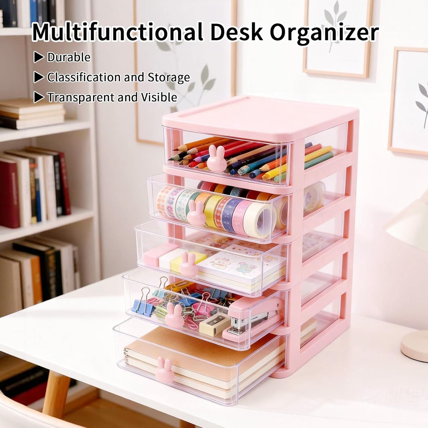 CEYAZYE Small Desk Organizer with Drawer, Stackable Makeup Organizer White, Mini Plastic Storage Box for Desktop, Bathroom Counter or Dresser, School, Home, Office (Pink-3 Tier)