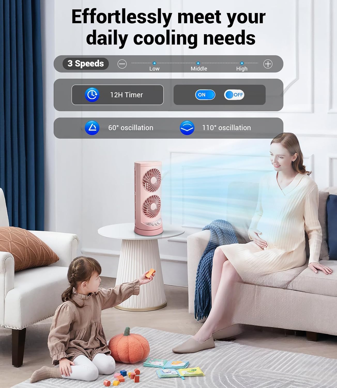 Personal Tower Cooling Fans that Blow Cold Air, Standing Small Desk Fan with 3 Speeds & Timer, 60° & 110° Oscillating Table Fan, Quiet and Safe Electric Floor Fan for Bedroom, Home, Office,Pink