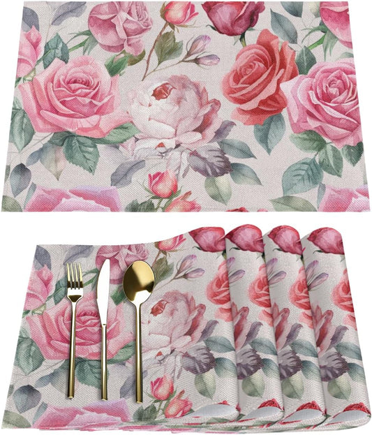 Pink Rose Placemats Set of 4, Washable Elegant Vintage Placemats, Non-Slip Table Rectangle Linen Place Mats for Kitchen Dining Party Farmhouse Home Indoor Table Decor