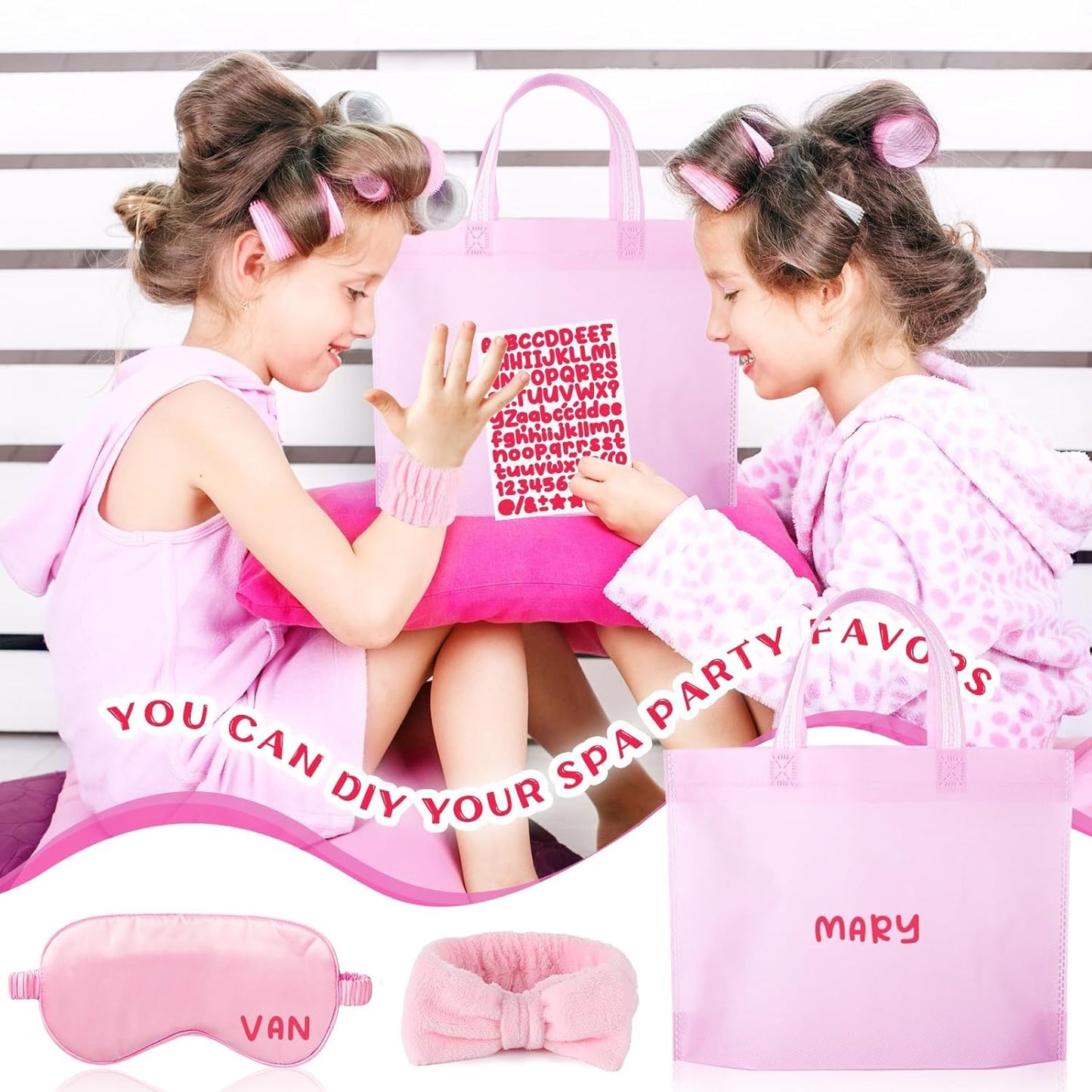 72 Pcs Spa Sleepover Party Supplies for Girls With DIY Stickers And Greeting Card Pink Headband Wristbands Eye Mask Hair Scrunchie Tote Bag Sleeping Slumber Party Favors
