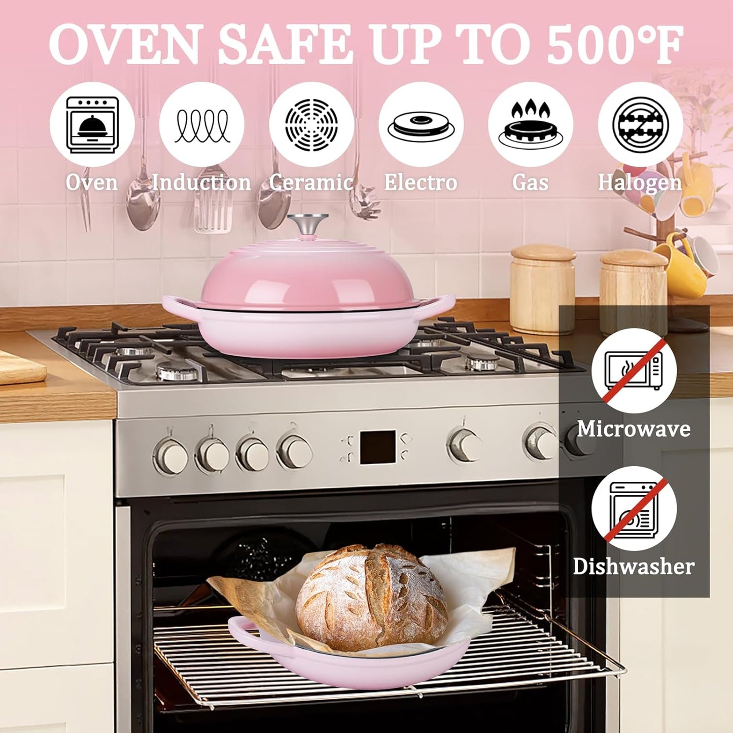 Round Bread Oven for Homemade Sourdough Bread Baking, Leonyo Enameled Cast Iron Dutch Oven Pot with Lid, 6 Quart, Pink