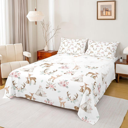 Erosebridal Sika Deer Bed Sheets Set Twin Tent Sheet Set Cute Animal Antlers Arrows Leaf Sheets Pink Peach Blossoms Elk Print Flat Fitted Sheet