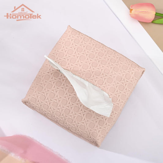 HOMOTEK 1 Pack Tissue Box Cover, Square PU Leather Tissue Holder, Decorative Facial Tissue Cube Paper Organizer Dispenser for Bathroom, Night Stands, Desk, Car 5X5X5'' - Rattan Weave, Macaron Pink