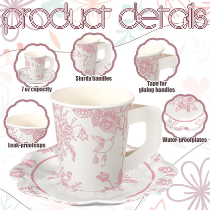 FoldTier 100 Pcs Tea Party Plates and Cups Pink Floral Party Supplies Paper Tea Cups and Saucers Disposable Tableware Sets for Chinoiserie Wedding Baby Shower Birthday Decor Serves 50 Guests