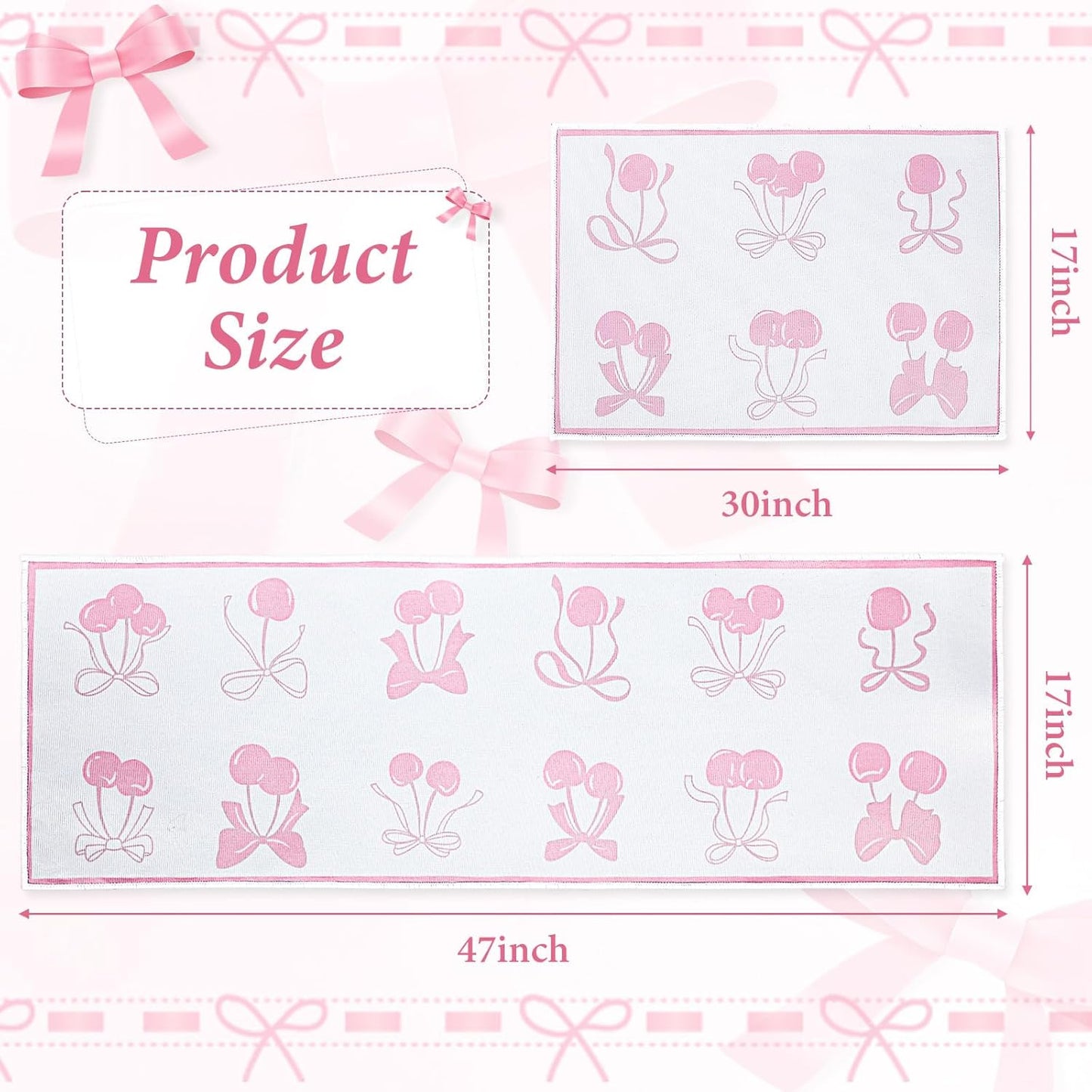 Drydiet Pink Bow Kitchen Rug Mat 2 pcs, Non-Slip Kitchen Rug Waterproof Decorative Anti-Fatigue Floor Mats for Cooking, Dining, Floor, Sink, 17"x47.2"+17"x30" (Pink Row)