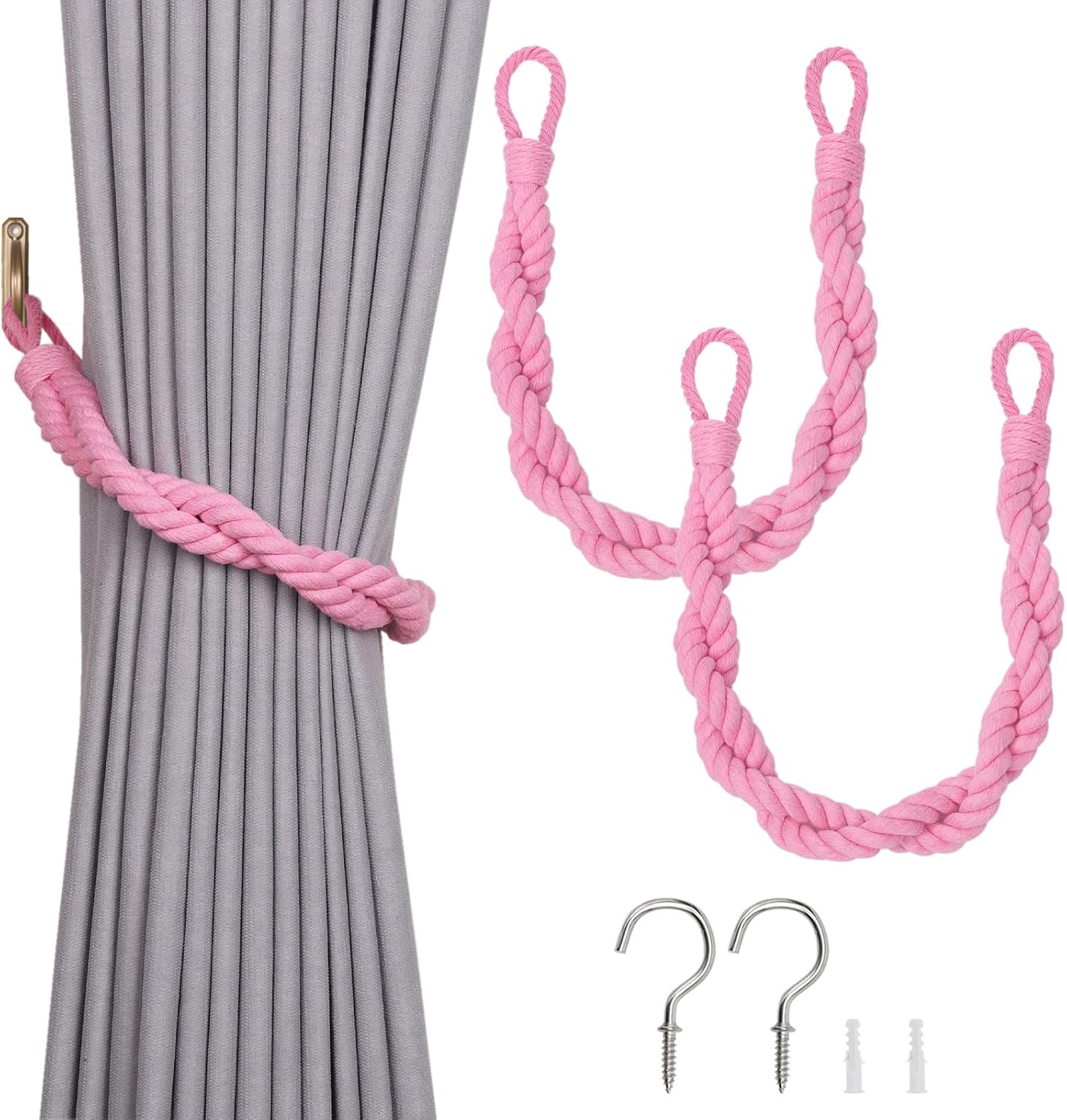 NICEEC 2 Pack Natural Cotton Rope Curtain Tiebacks Elegant Boho Style Decor Drape Tie Backs Soft Hand-Woven Double Rope Curtain Holdbacks with Metal Hook for Home & Office Drapery (Pink)