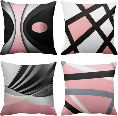 Emvency Set of 4 Soft Pink Throw Pillow Covers Modern Abstract Black Grey Stripes Gray White Acrylic Bold Decorative Pillow Cases Home Decor Square 16x16 Inches Pillowcases