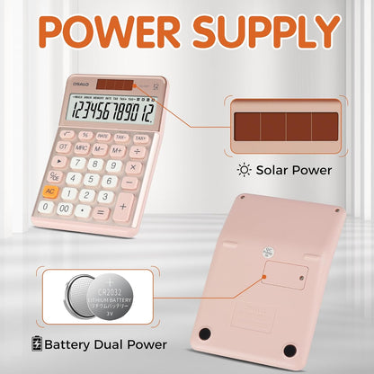 Pendancy Office Small Calculator Desktop with Tax+/- for Tax Calculation, 12 Digit Large LCD Display, Solar Battery Power, Durable Portable Design, Financial Accounting Business Home Use(OS-200T-Pink)