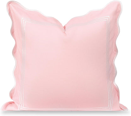 Hofdeco Premium Coastal Grandmillennial Scalloped Patio Indoor Outdoor Throw Pillow Cover Only, 20"x20" Water Repellent for Backyard, Couch, Poolside, Blush Pink Embroidered Frame