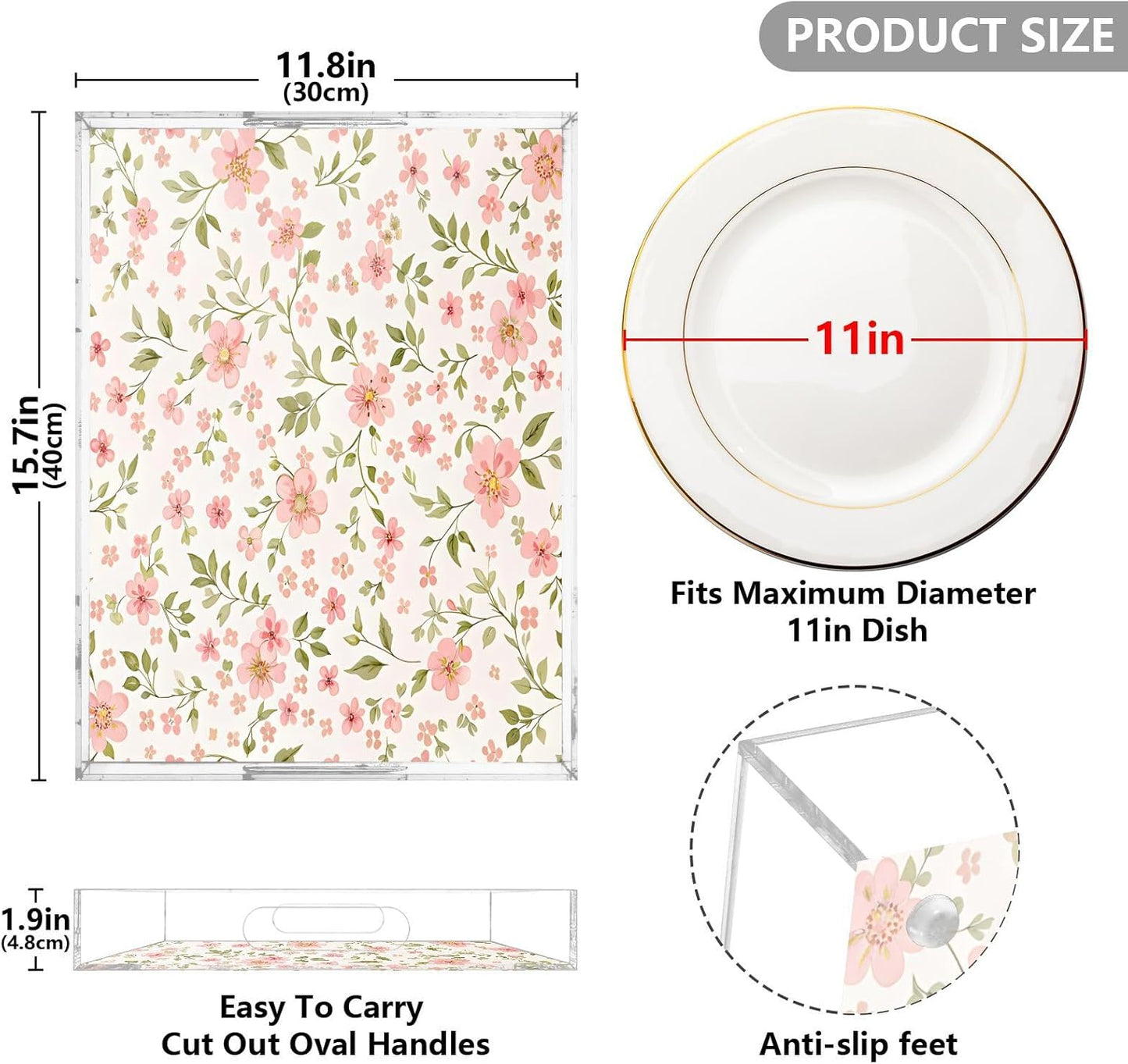 Pink Flowers Serving Tray 12" x 16" Acrylic Trays with Handles Decorative Serving Platter for Coffee, Breakfast in Bed, Dinner, Appetizers, Patio, Party