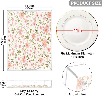 Pink Flowers Serving Tray 12" x 16" Acrylic Trays with Handles Decorative Serving Platter for Coffee, Breakfast in Bed, Dinner, Appetizers, Patio, Party