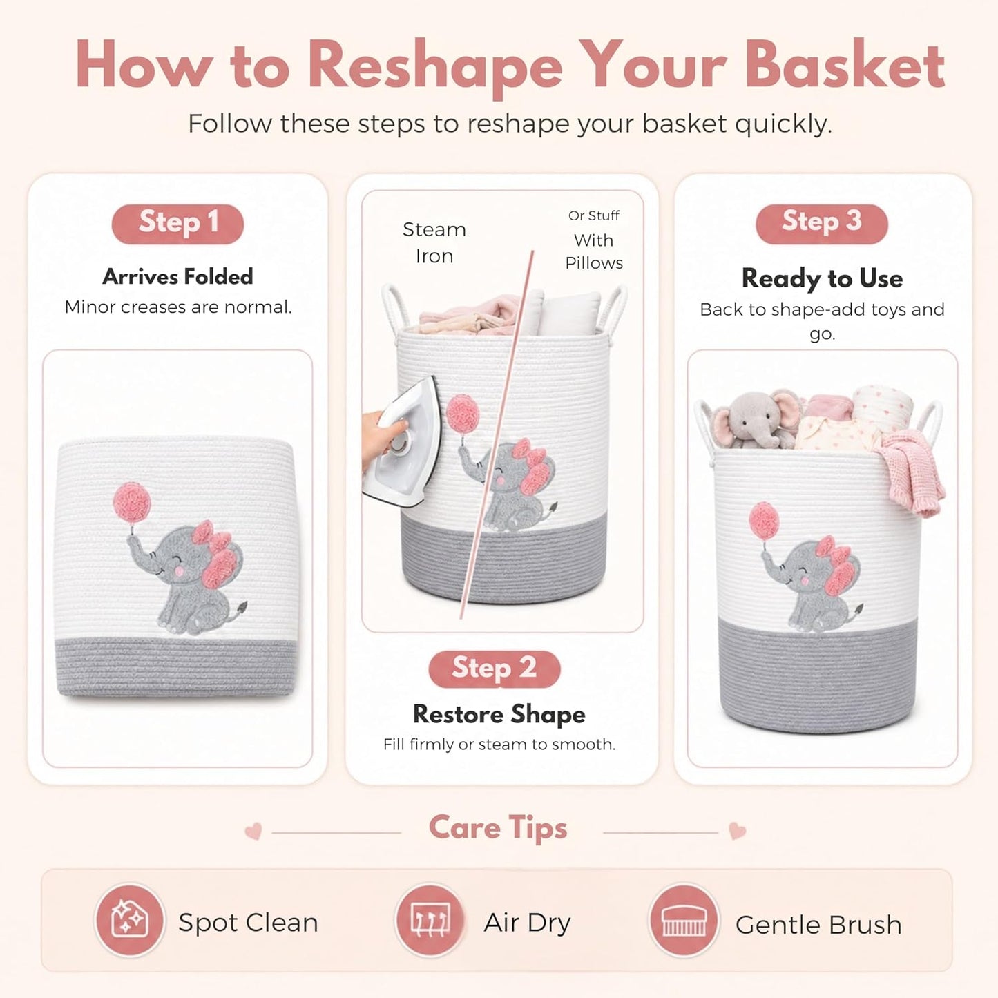 Elephant Laundry Hamper for Baby Girl Nursery – 20"x15" Cotton Rope Basket with Handles – Pink Baby Clothes Hamper, Blanket Storage, Stuffed Animal Organizer, Nursery Decor for Girls