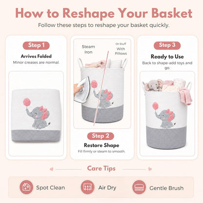 Elephant Laundry Hamper for Baby Girl Nursery – 20"x15" Cotton Rope Basket with Handles – Pink Baby Clothes Hamper, Blanket Storage, Stuffed Animal Organizer, Nursery Decor for Girls