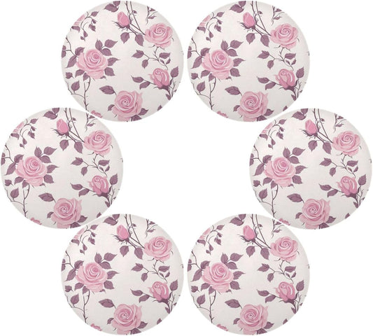 Floral Pattern Rose Peach Decorative Spring placemats Round for Linen placemats Heat Resistant Waterproof individuales para comedor 15.4x15.4in Set of 6