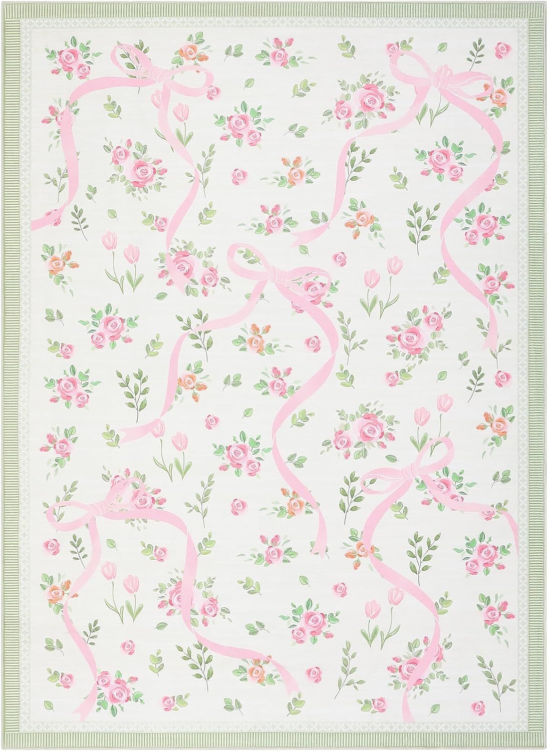 GarveeHome Coquette Pink and Green Bow Rugs for Bedroom Girls, 5x7 Area Rugs for Living Room with Low Pile, Non Slip Floral Washable Rug 5x7 for Nursery Kids Playroom Dining Room Dorm