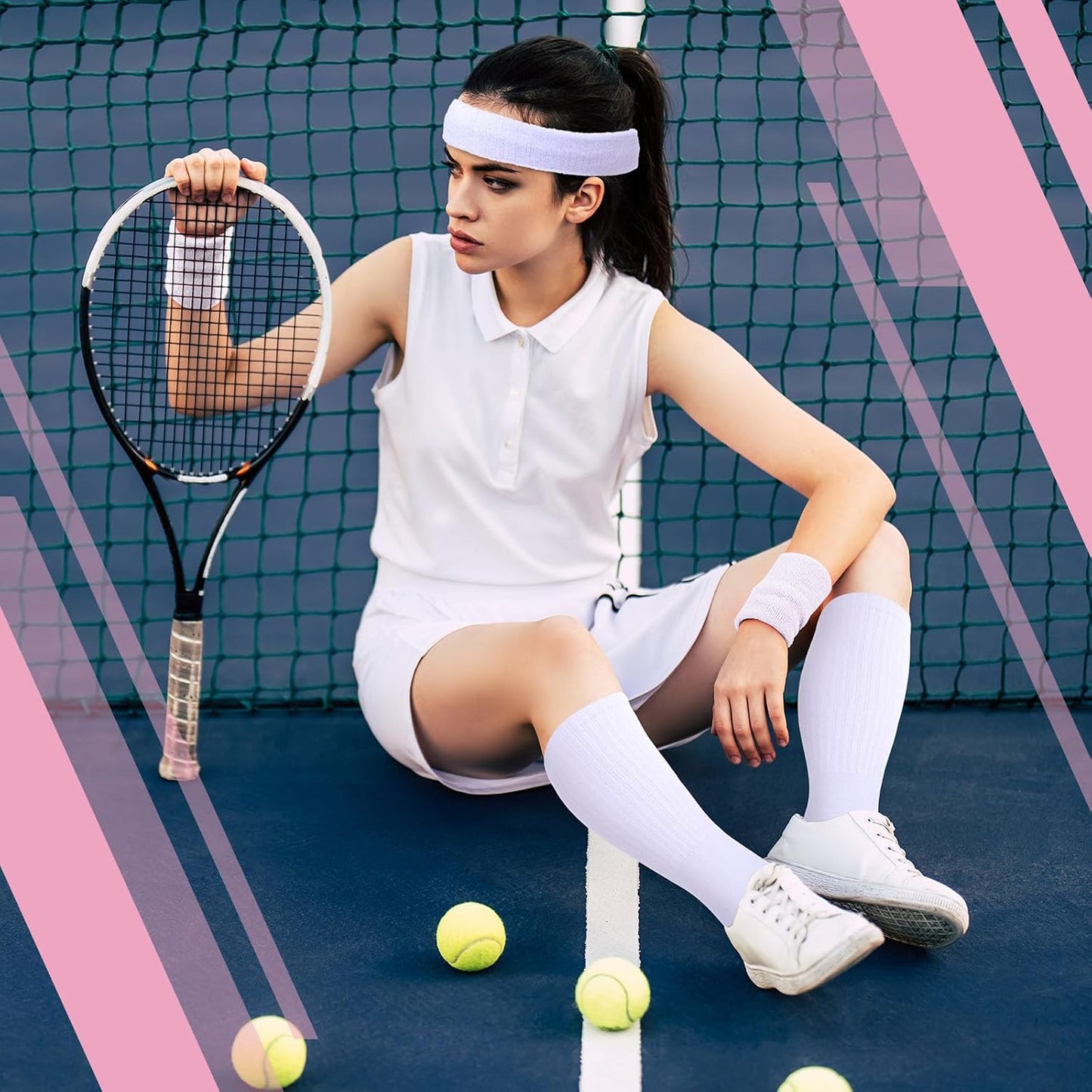 Hillban Sweatband and Stripe Sock Set Neno Wrist Sweat Band Sport Headband Wristband for Men Women 80s Party Accessories