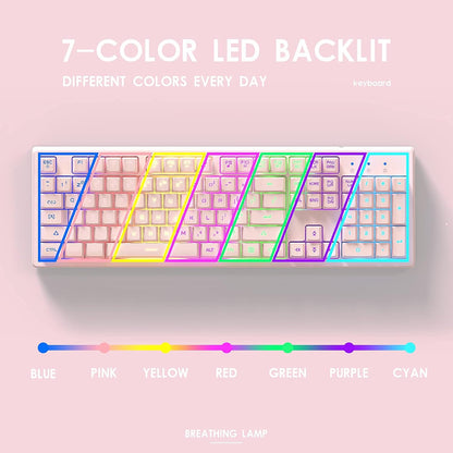 Basaltech Pink Keyboard with 7-Colors LED Backlit, 104 Keys Silent Creamy Wired USB Keyboard, Double Shot Keycaps Light Up Keyboard for Computer, Mac, Laptop