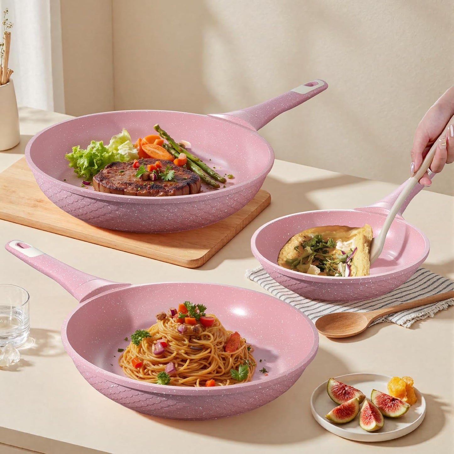 8 Inch Non Stick Frying Pans with Lid - 100% PFOA PFAS Free, Super Nonstick, All Stovetop Compatible Induction Gas Electric, Omelette & Egg Pan, Dishwasher Safe, Eco-Friendly Pink Pan