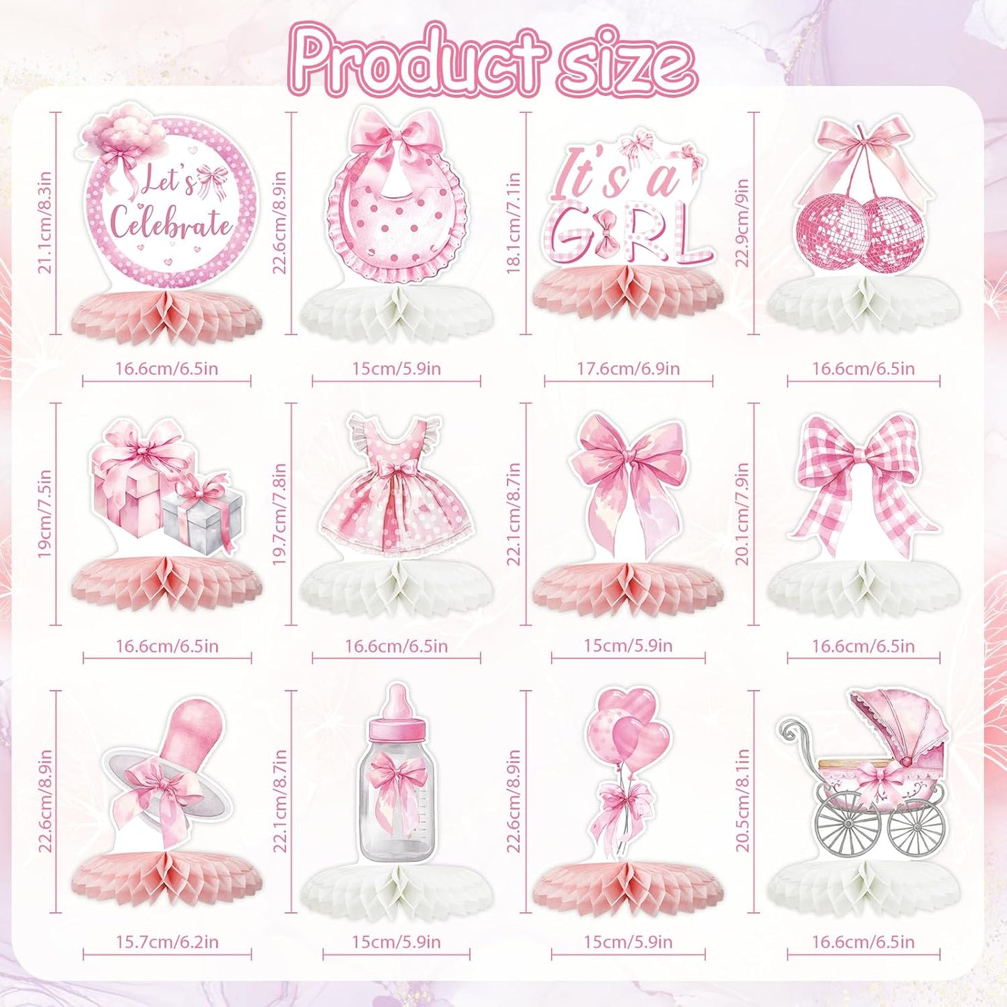 Tarklanda 12 Pcs Pink Bow Baby Shower Party Honeycomb Centepieces Bow Coquette Birthday Table Decor 3D Table Topper, Pregnancy Announcement Gender Reveal Birthday Party Supplies