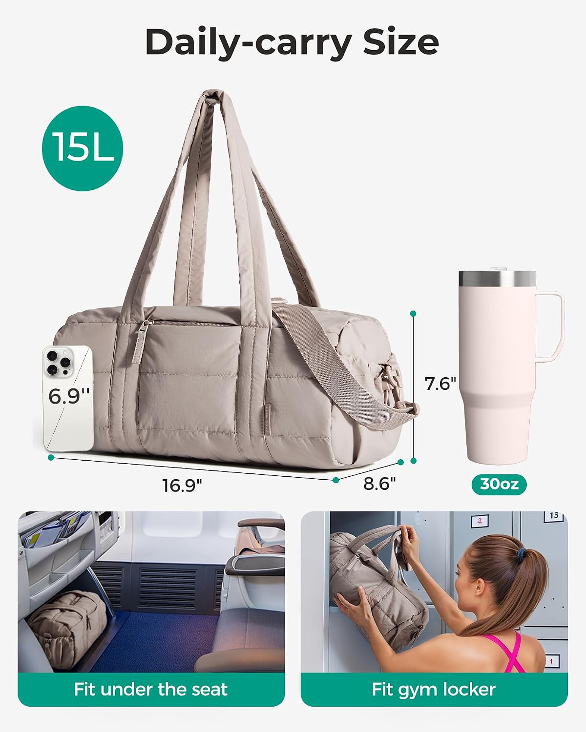 BAGSMART Reiki Gym Bag for Women Puffy Yoga Mat Travel Weekender Duffle Bag | Lint-Resistant Lining, Wet-Dry Pocket & Anti-Slip Mat Loop, Ultra-Light, Roomy for Workout Gear, Water Bottle, Travel, Sports