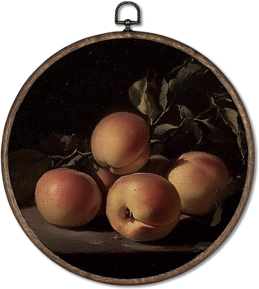 GWFSJYU Dark Vintage Peach Framed Wall Art Decor, Dark Antique Peaches Fruit Round Canvas Prints Wall Art, Farmhouse Peach Art Hanging Decor for Kitchen Bedroom Dining Living Room, 10x10inch