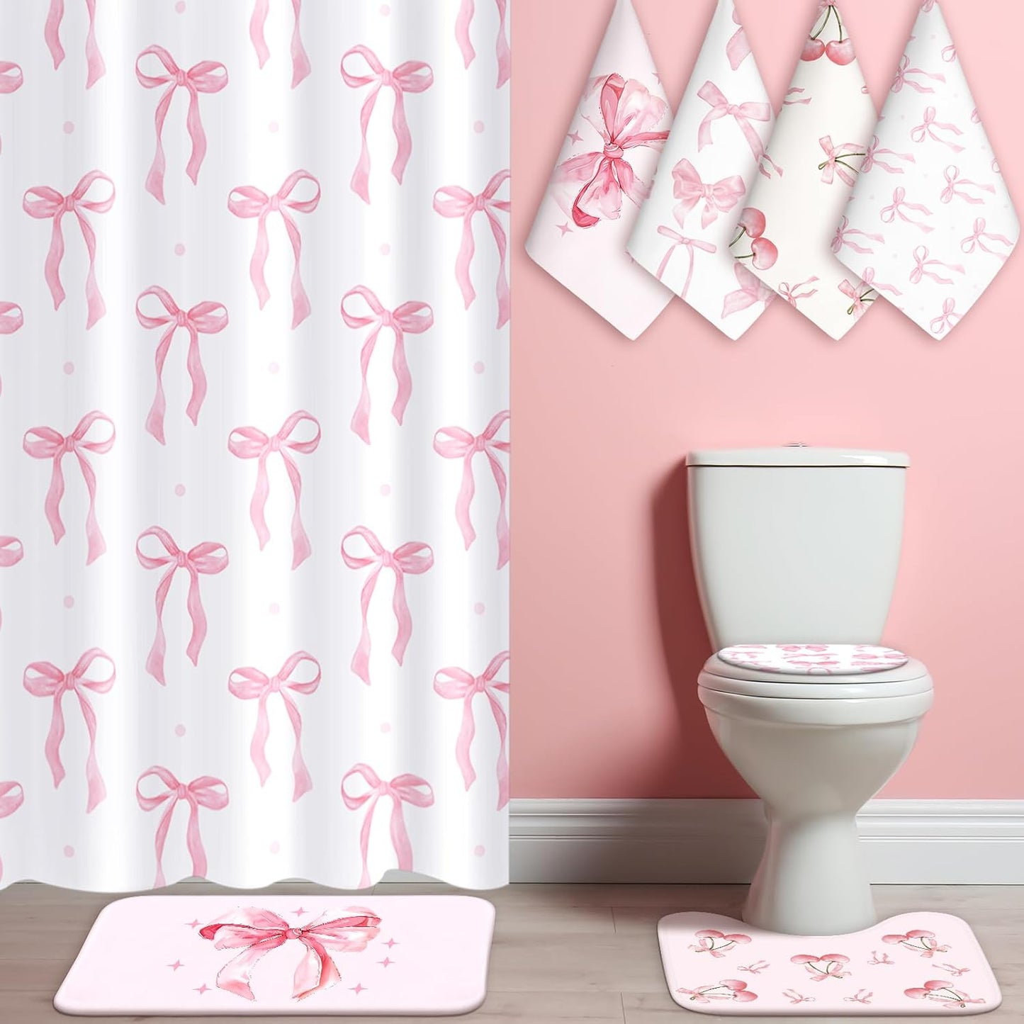 8 Pcs Pink Bow for Shower Curtain Sets for Bathroom Decor Cute Coquette Bathroom Accessories Preppy Bow Knot Aesthetic Girly Shower Curtain Sets with Towels Carpet Bath Mat Toilet Rugs and 12 Hooks