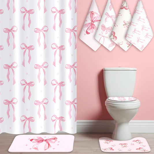 8 Pcs Pink Bow for Shower Curtain Sets for Bathroom Decor Cute Coquette Bathroom Accessories Preppy Bow Knot Aesthetic Girly Shower Curtain Sets with Towels Carpet Bath Mat Toilet Rugs and 12 Hooks