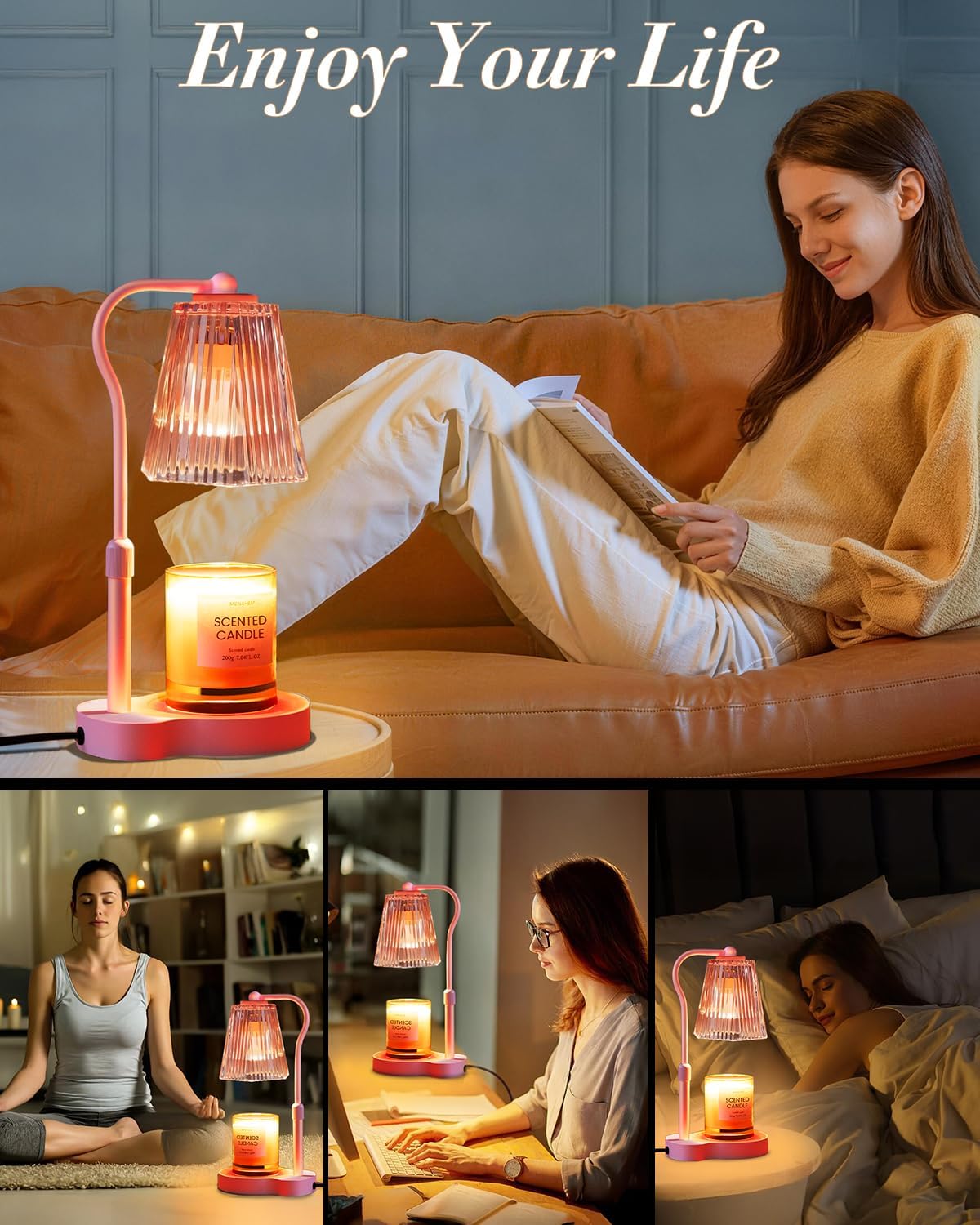 Candle Warmer Lamp with Timer & Dimmable Settings, Adjustable Height Flameless Scented Wax Melter for Jar Candles, Elegant Home Decor Warmer Lamp with 2 Bulbs, Gift for Women Mom Friend Family, Pink
