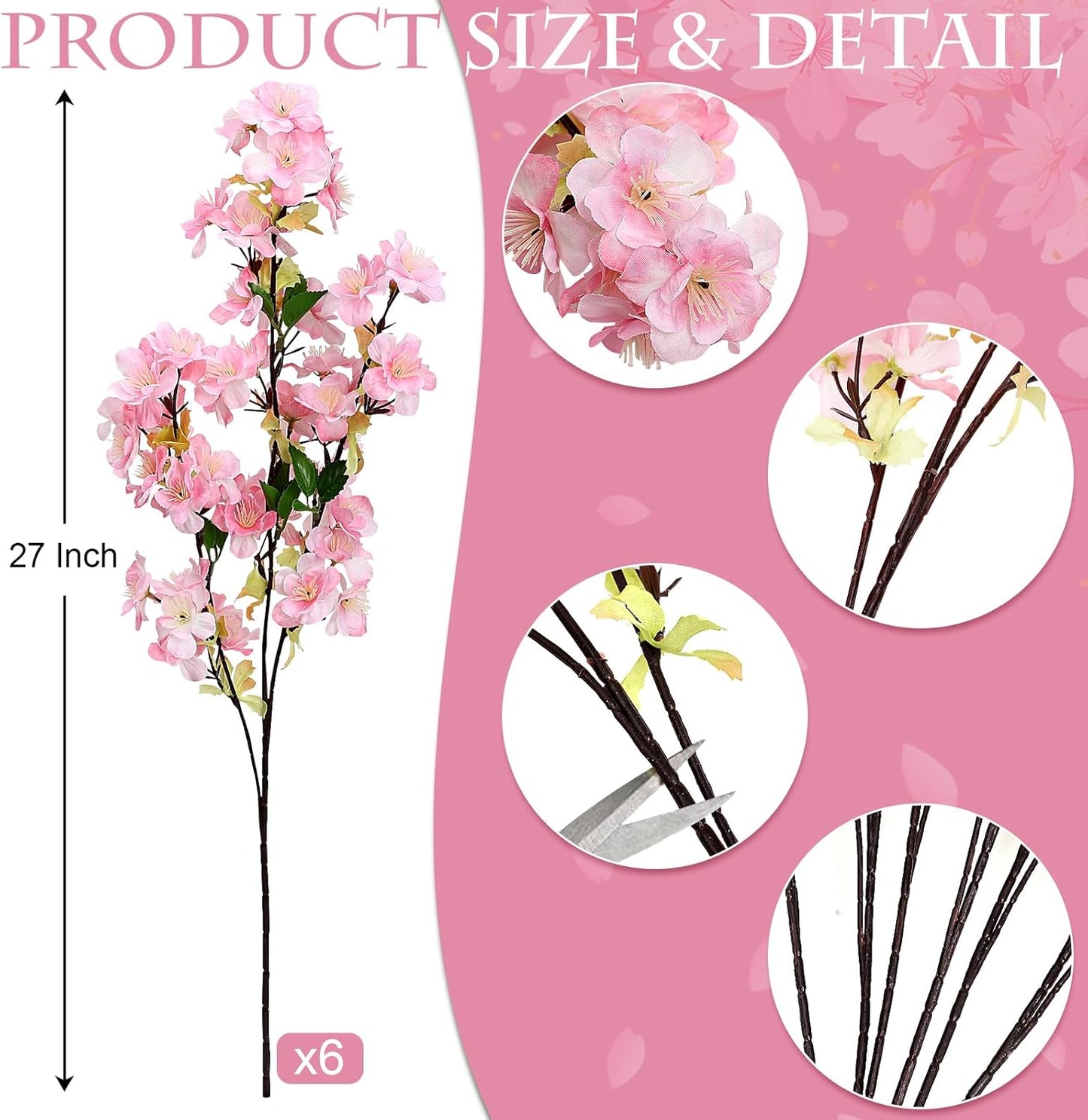 6Pcs Pink Artificial Cherry Blossom Branches for Home Decor 27’’ Faux Silk Long Stem Flowers for Spring Dining Wedding Party Decoration Indoor Table Centerpieces