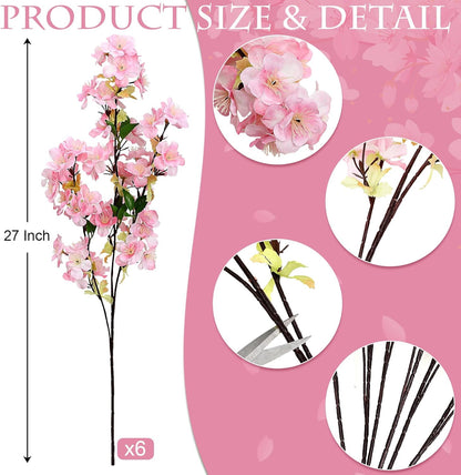 6Pcs Pink Artificial Cherry Blossom Branches for Home Decor 27’’ Faux Silk Long Stem Flowers for Spring Dining Wedding Party Decoration Indoor Table Centerpieces