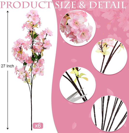6Pcs Pink Artificial Cherry Blossom Branches for Home Decor 27’’ Faux Silk Long Stem Flowers for Spring Dining Wedding Party Decoration Indoor Table Centerpieces